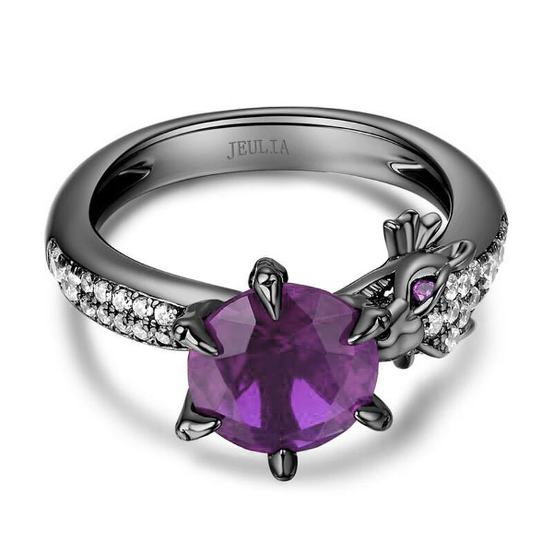 Jeulia Anel em Prata de Lei Preta com Design de Dragão e Corte Redondo