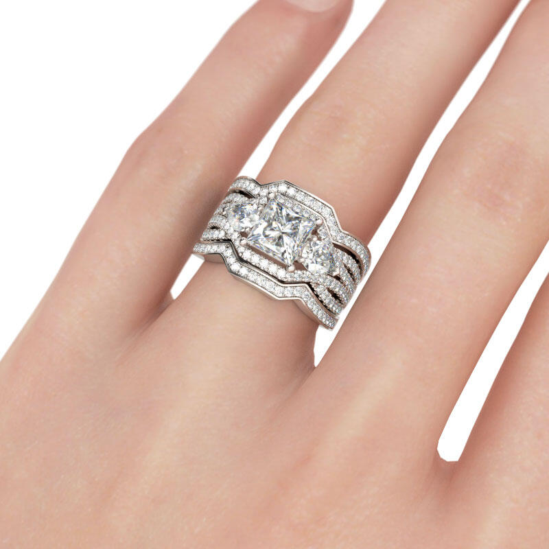 Jeulia Three Stone Princess Cut Sterling Silver Ring Set