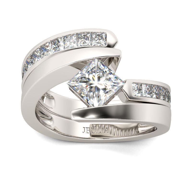 Jeulia Bypass Princess Cut Sterling Silver Ring Set