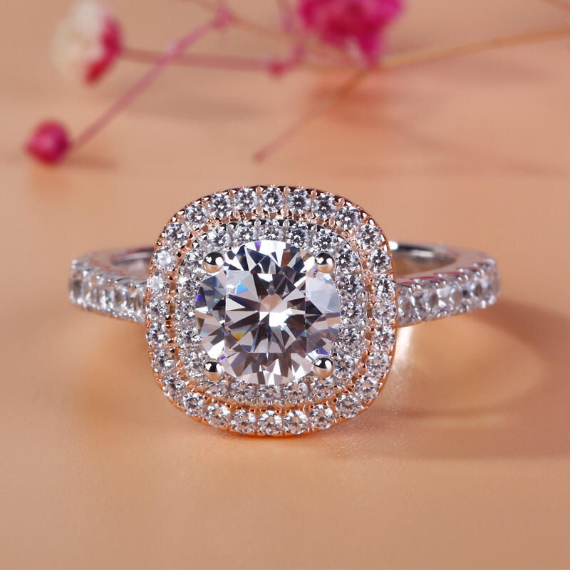 Jeulia Anillo Clásico Con Halo De Dos Tonos De Talla Redonda En Plata De Ley