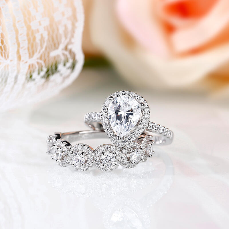 Jeulia Halo Pear Cut Sterling Silver Ring Set