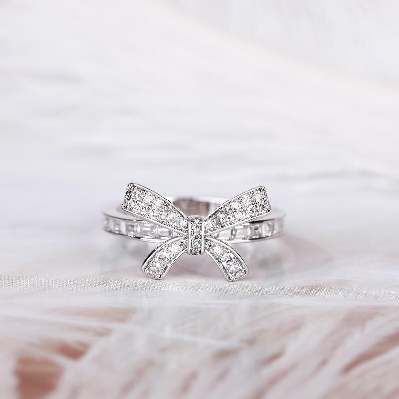 Jeulia Bowknot Design Round and Emerald Cut Sterling Silver Ring