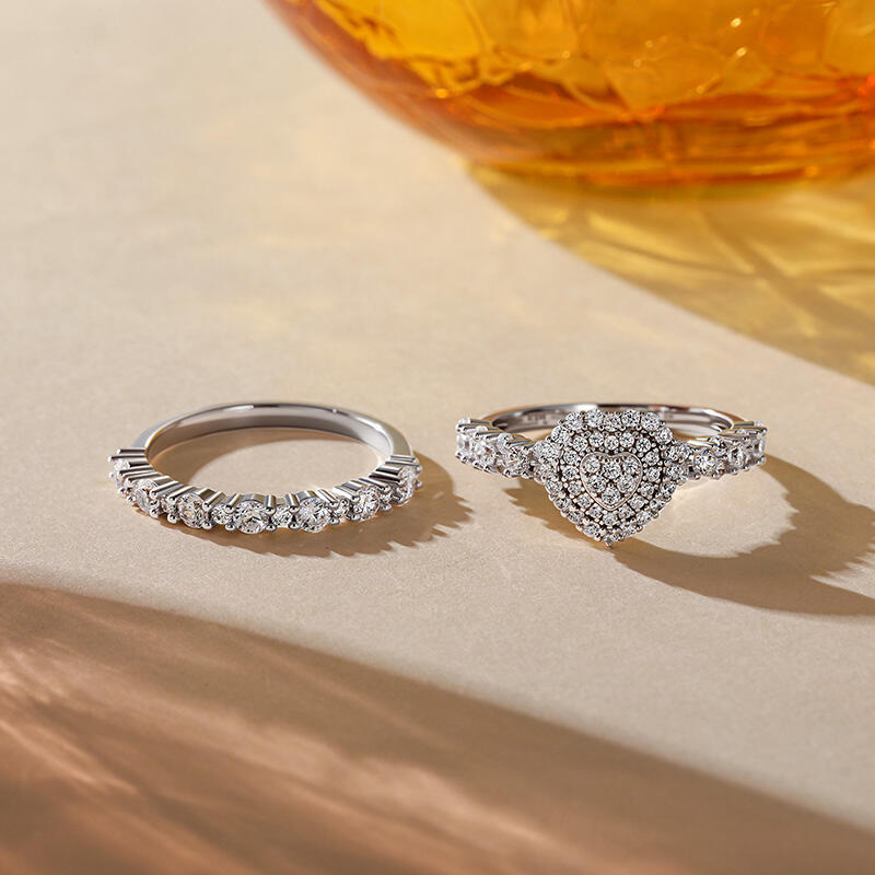 Jeulia Juego de Anillos de Compromiso Corazón Doble Halo de Plata de Ley