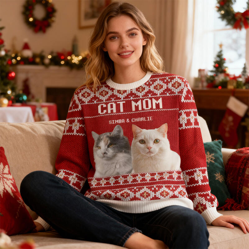 Pull moche personnalisé unisexe avec photos d'animaux domestiques motif rouge festif cadeau de Noël idéal pour les amoureux des animaux