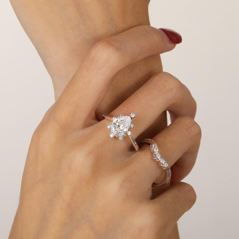 Jeulia Unique Christmas Tree Design Pear Ring Set 2pcs