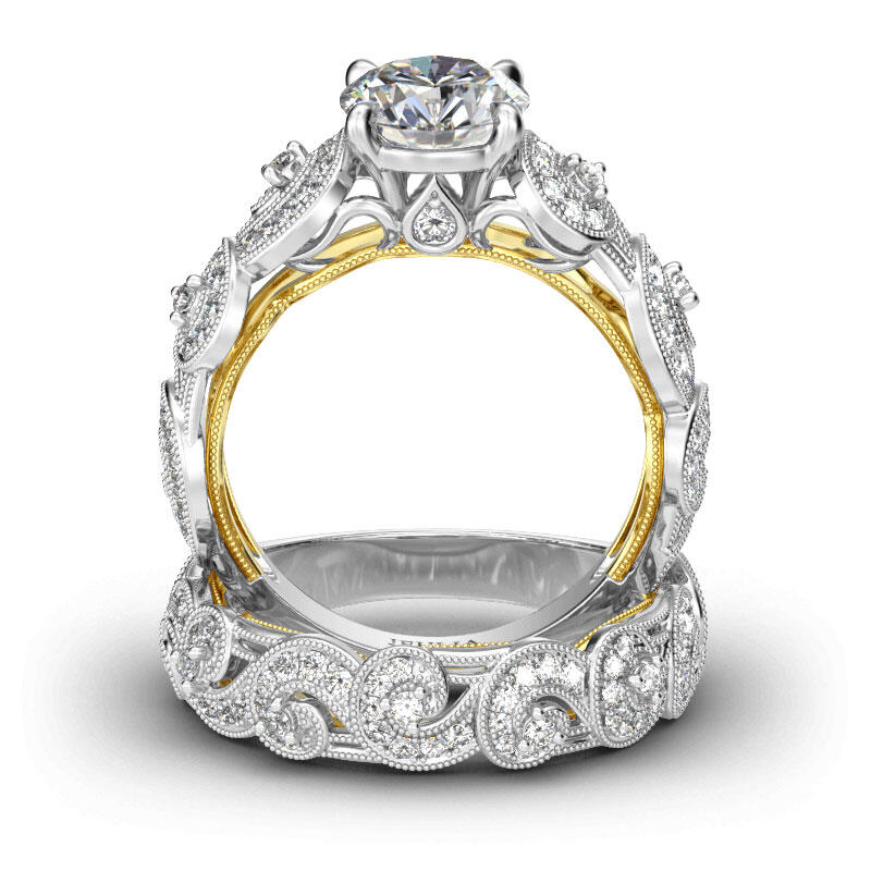 Jeulia Vintage Scrollwork Round Cut Sterling Silver Ring Set