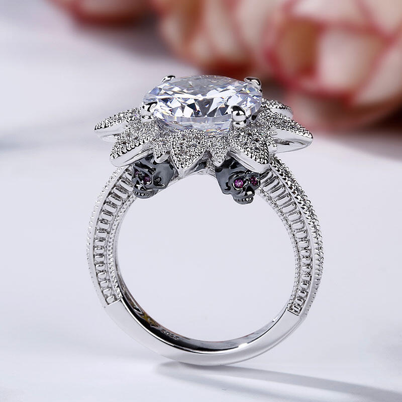 Jeulia Two Tone Round Cut Flower Design Sterling Silver Skull Ring