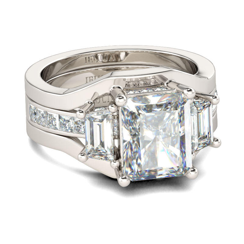 Jeulia Three Stone Radiant Cut Sterling Silver Ring Set