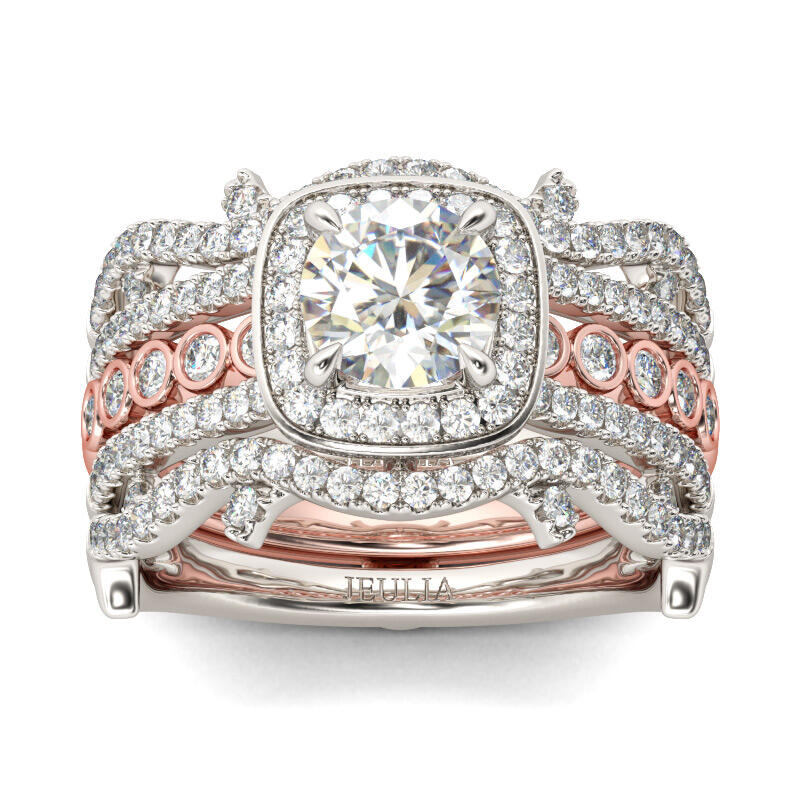 Jeulia Interchangeable Two Tone Halo Round Cut Sterling Silver Ring Set