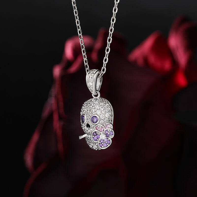 Jeulia "Forever Romance" Skull and Flower Sterling Silver Necklace