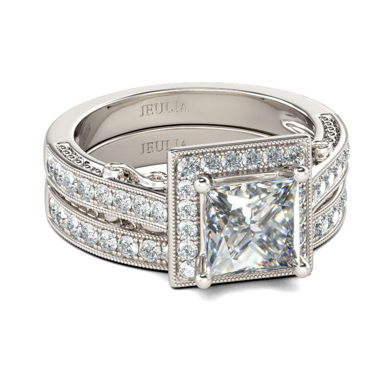 Jeulia Halo Princess Cut Sterling Silver Ring Set