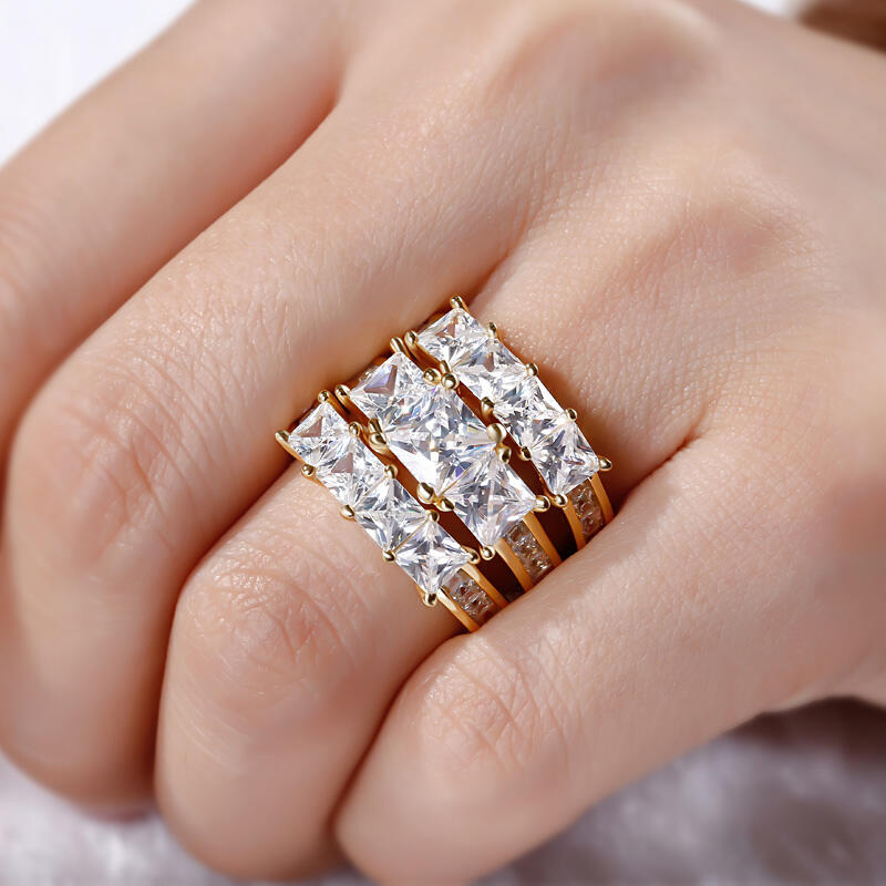 Jeulia Gold Tone Princess Cut Sterling Silver Ring Set