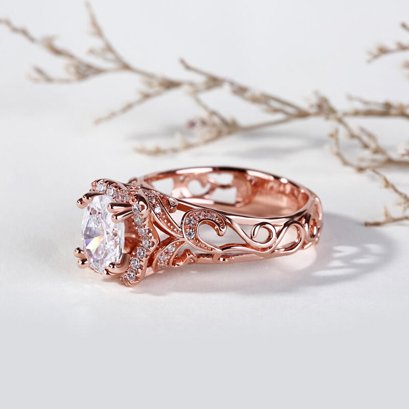 Jeulia Rose Gold Tone Halo Oval Cut Sterling Silver Ring