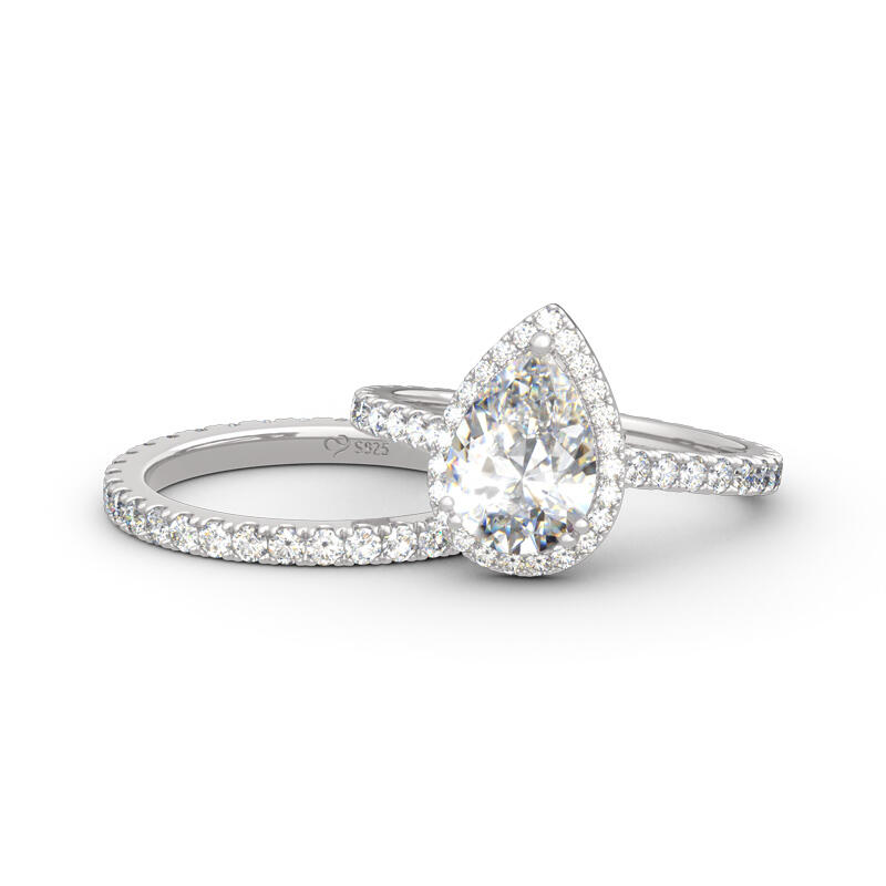 Jeulia Conjunto De Anillos De Eternidad De Plata Esterlina Con Talla Pirifoeme Con Halo