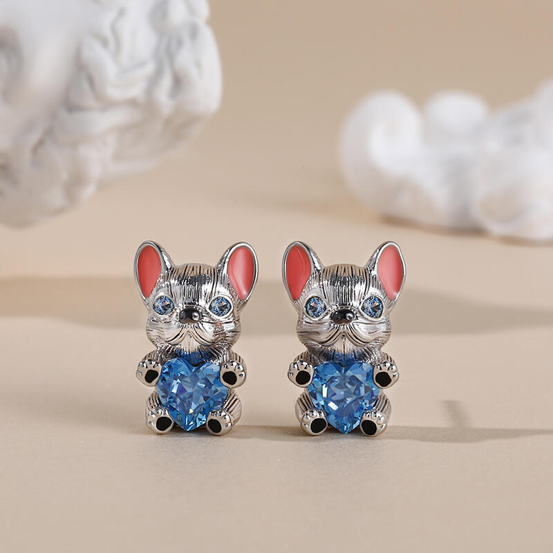 Jeulia Hug Me Pendientes con bulldog francés con corazón azul de plata de ley