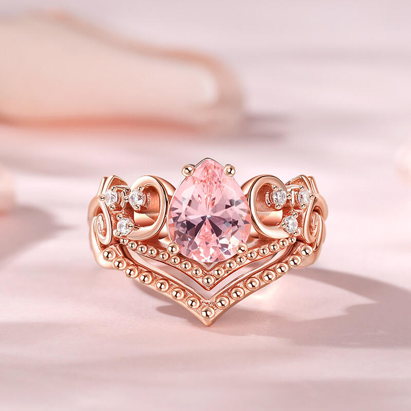 Jeulia V-shaped Pear Cut Synthetic Morganite Sterling Silver Ring Set