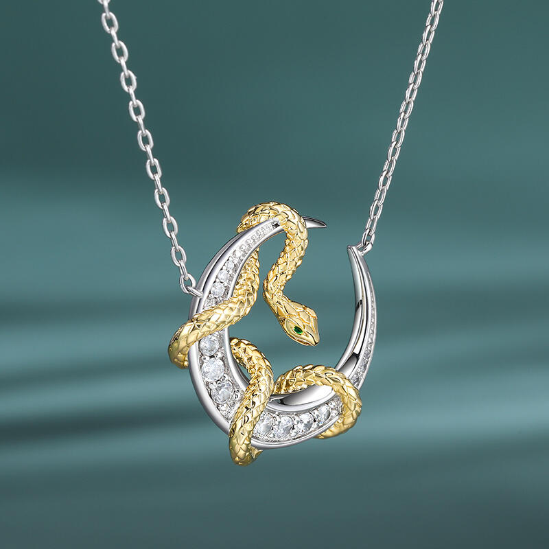 Jeulia "Golden Embrace" Snake & Moon Sterling Silver Necklace