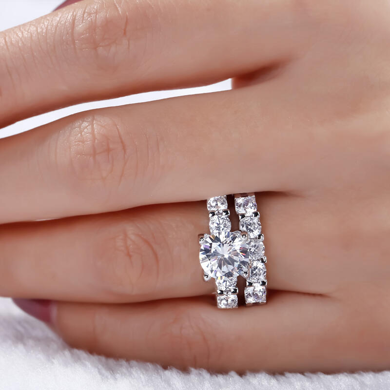 Jeulia Conjunto De Anillos Clásicos De Talla Redonda En Plata De Ley