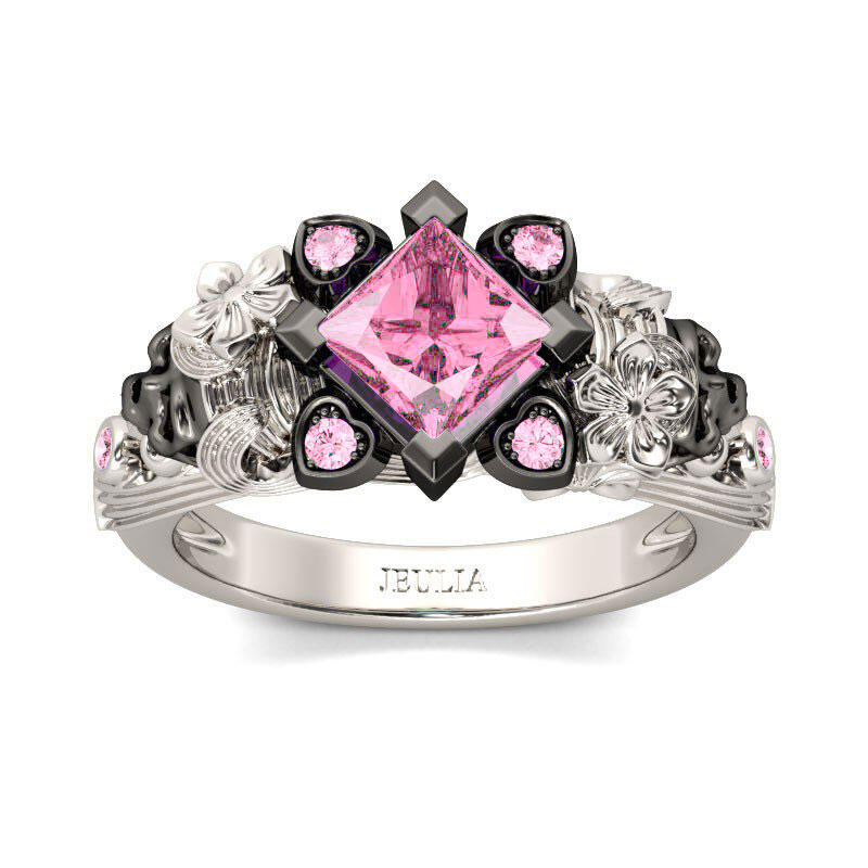 Jeulia Flower Design Princess Cut Sterling Silver Two Skull Ring