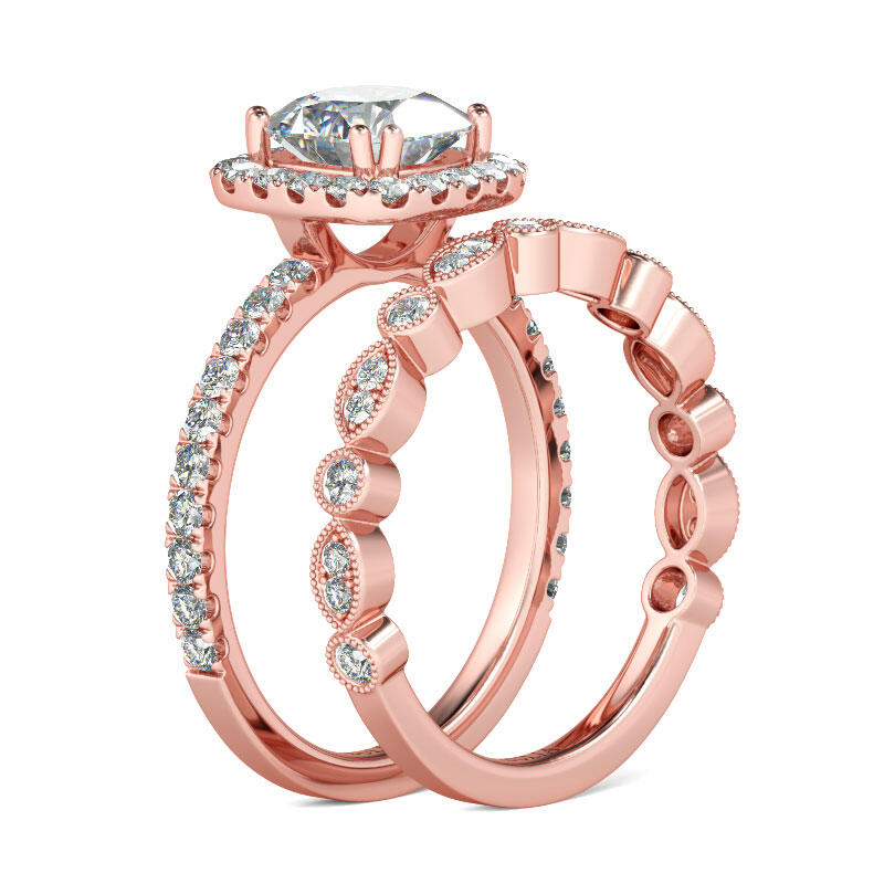 Jeulia Rose Gold Tone Halo Cushion Cut Sterling Silver Ring Set
