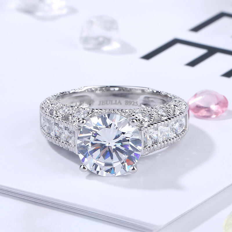 Jeulia Vintage Three Side Pave Round Cut Sterling Silver Ring