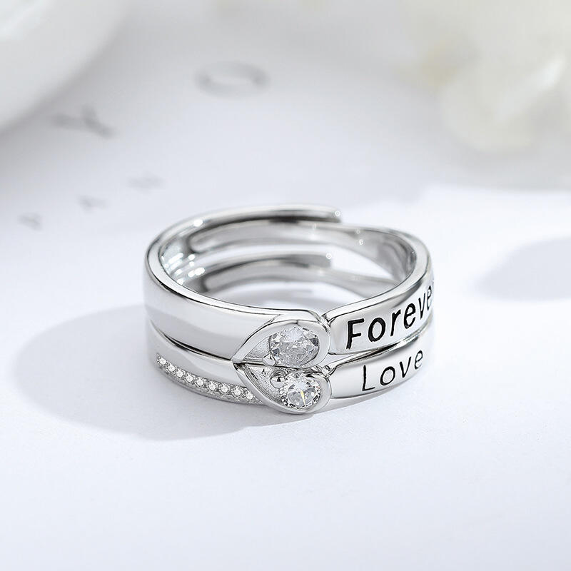 Jeulia Half Heart Round Cut Sterling Silver Adjustable Couple Ring
