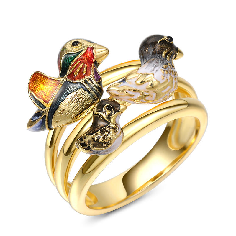Jeulia "Utflykt tillsammans" Mandarin Duck Familj Emalj Sterling Silver Ring