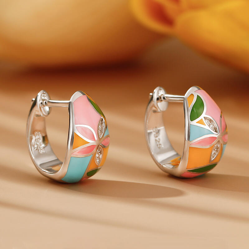 Jeulia "Bright & Fun" Flower Enamel Sterling Silver Hoop Earrings