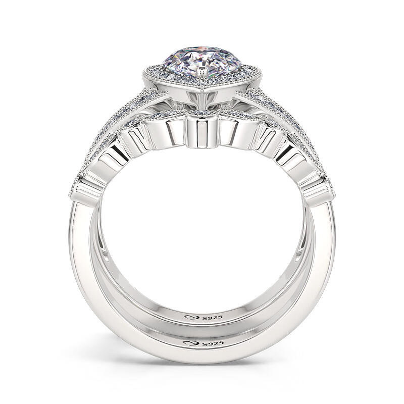 Jeulia Halo Pear Cut Sterling Silver Ring Set