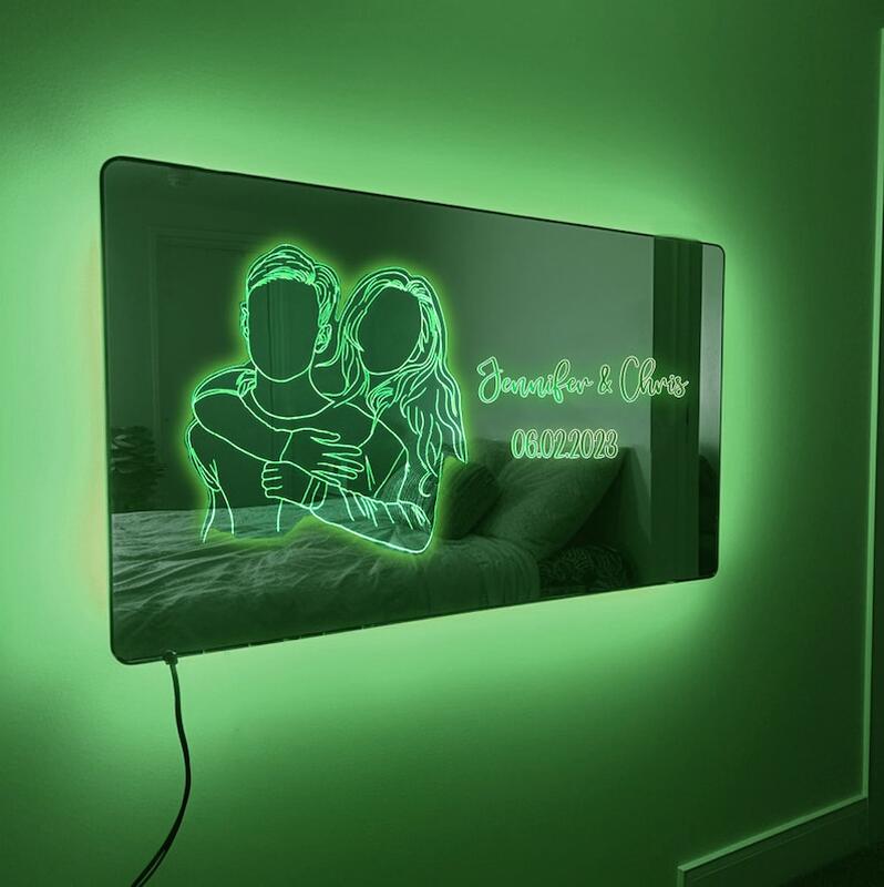 カスタマイズ 写真 文字 日付 LED ミラー 発光 ライト 壁掛け 12色変化 屋内装飾 リモコン付き 壁フック付き