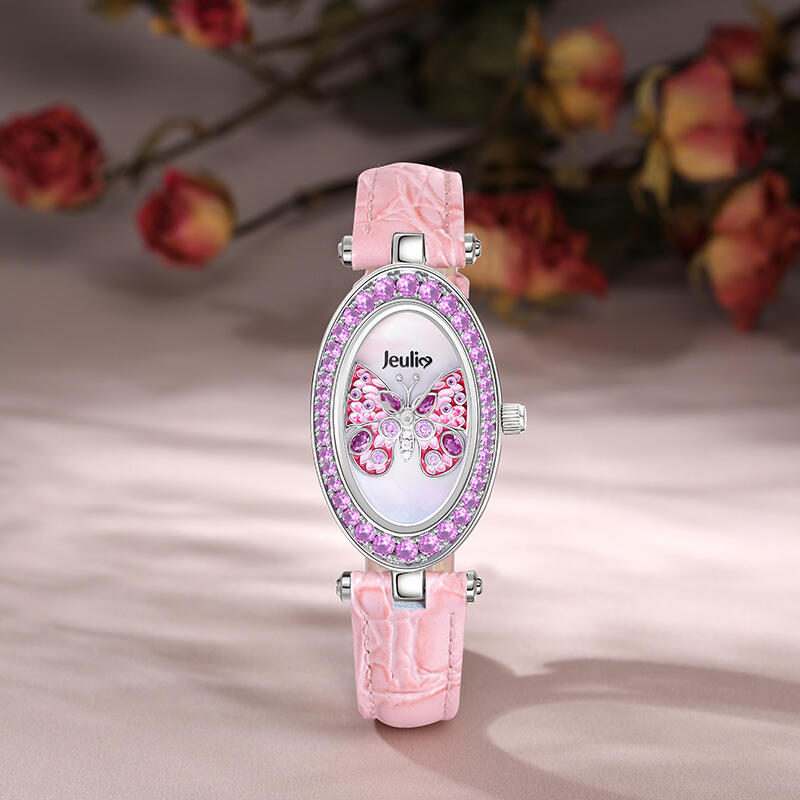 Jeulia "Fluttering Moment" Butterfly Quartz Pink Leather Watch with Mother of Pearl Dial