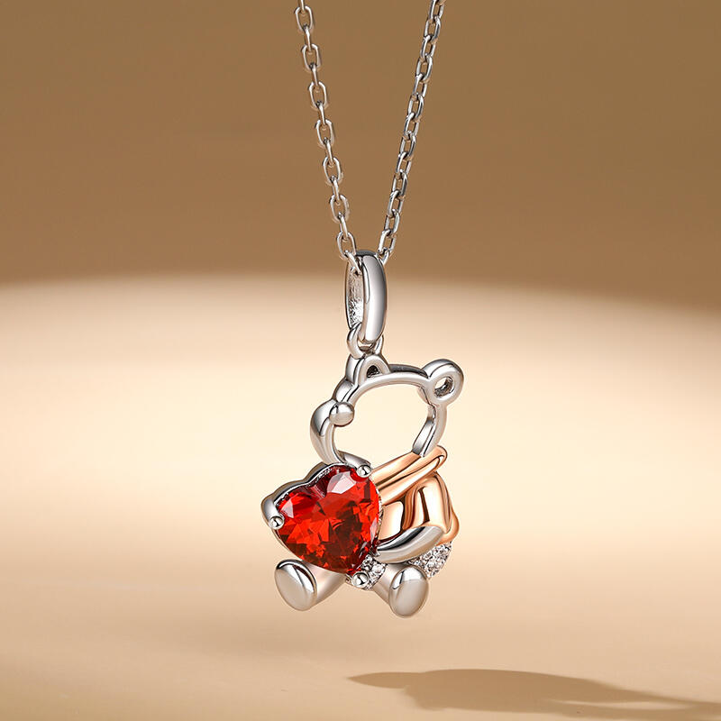 Jeulia Hug Me "Cute Bear" Heart Cut Personalized Sterling Silver Necklace with Birthstone