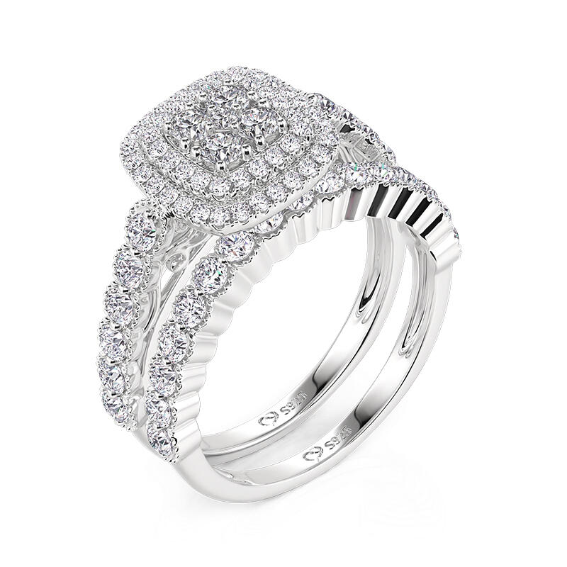 Jeulia Double Halo Cluster Ring Set with Eternity Band Sterling Silver