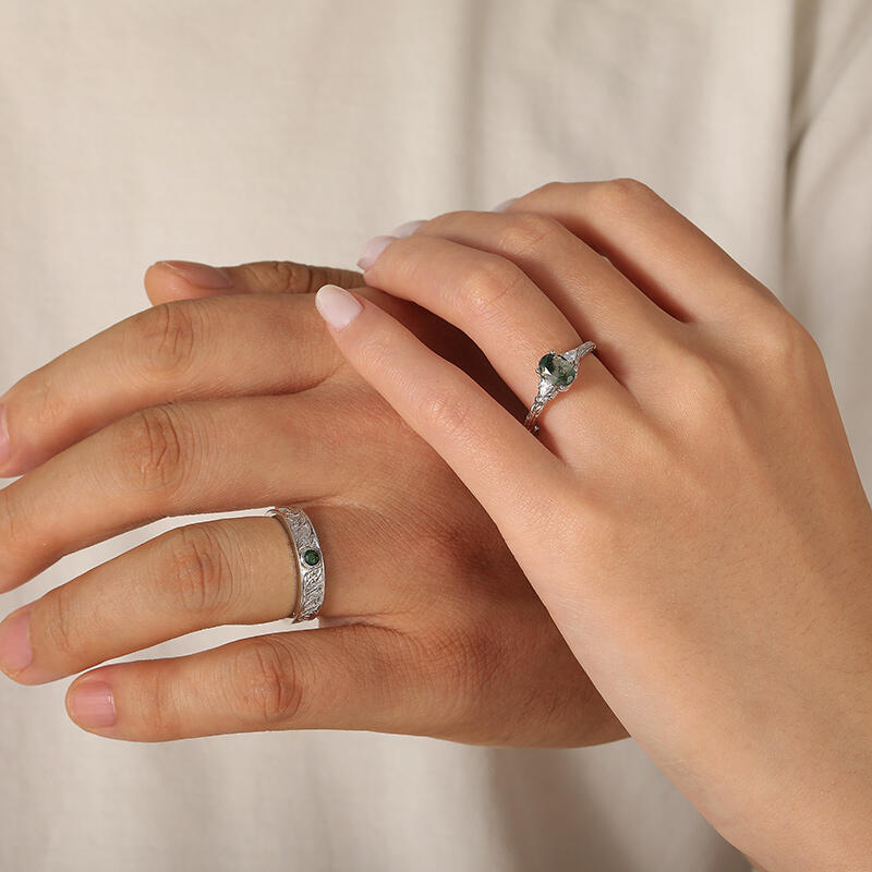 Jeulia Three Stone Moss Agate Wedding Ring