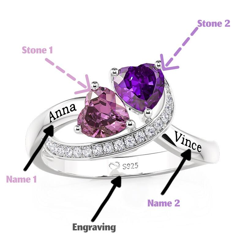 Jeulia Twisted Custom Double Heart Birthstone Name Ring