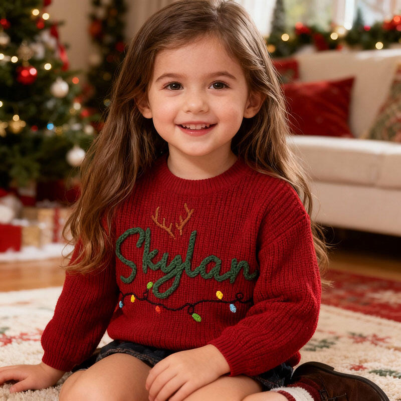 Suéter personalizado con nombre y estampado de bombillas, hecho a mano. Hermoso regalo para Navidad.