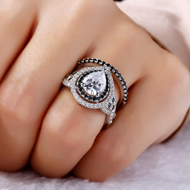 Jeulia Double Halo Pear Cut Sterling Silver Ring Set