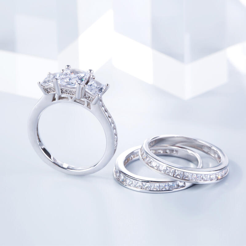 Jeulia 3PC Three Stone Radiant Cut Sterling Silver Ring Set