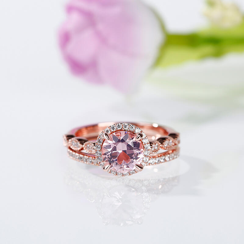 Jeulia Juego de anillos de plata esterlina de corte redondo milgrain Halo