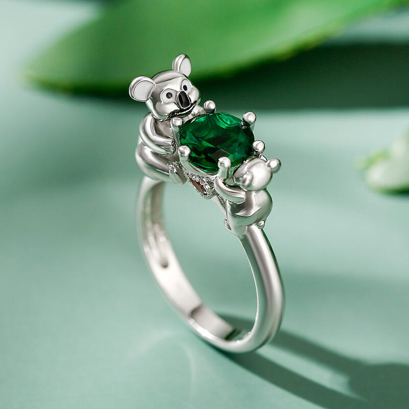 Jeulia Hug Me ママ & ベビー コアラ ラウンドカット シルバーリング