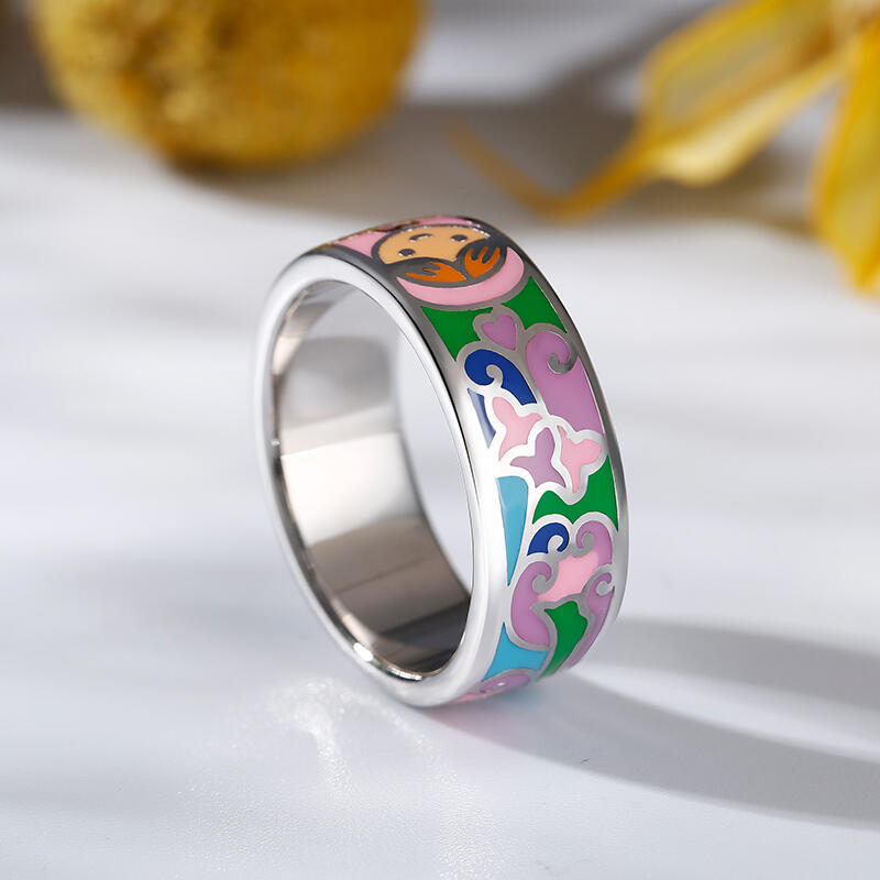 Jeulia Anillos de mujer de plata de ley con esmalte de flor y caras sonrientes