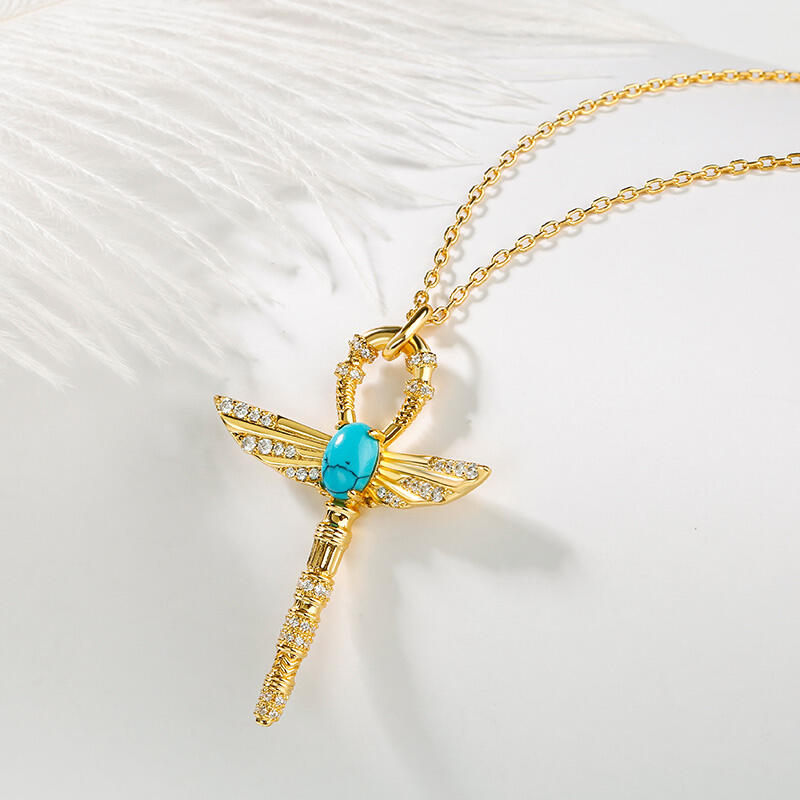 Jeulia "Ankh" Ancient Egyptian Scepter Turquoise Pendant Sterling Silver Necklace