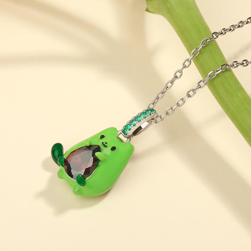 Jeulia Hug Me "Avocado Cat" Enamel Sterling Silver Necklace