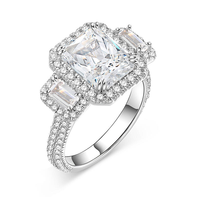 Jeulia Three Stone Emerald Cut Sterling Silver Ring