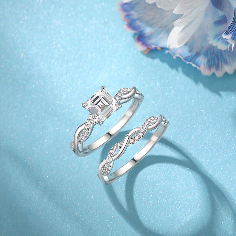 Jeulia Conjunto de Anillos de Plata de Ley con Corte Asscher y Torsión