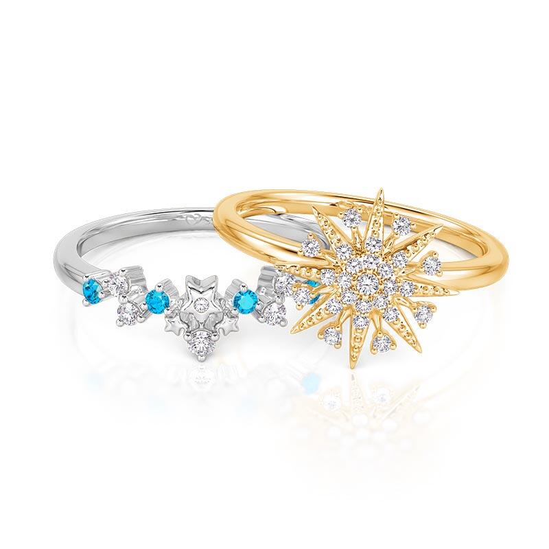 Jeulia Luna Astra Two Tone Starburst Puzzle Ring Set Sterling Silver