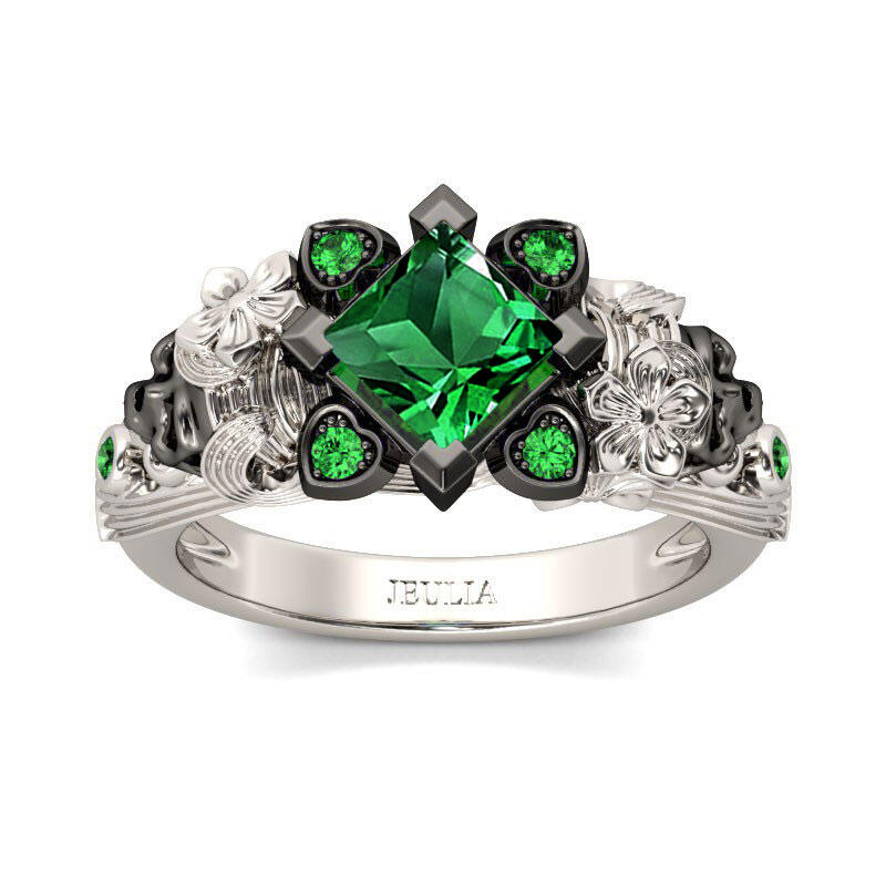 Jeulia Flower Design Princess Cut Sterling Silver Two Skull Ring