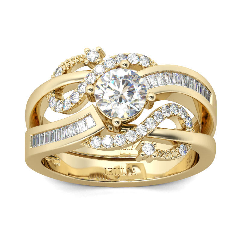 Jeulia Gold Tone Round Cut Sterling Silver Ring Set