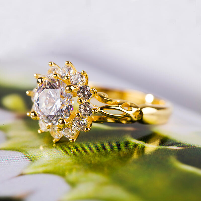 Jeulia Gold Tone Halo Round Cut Sterling Silver Ring