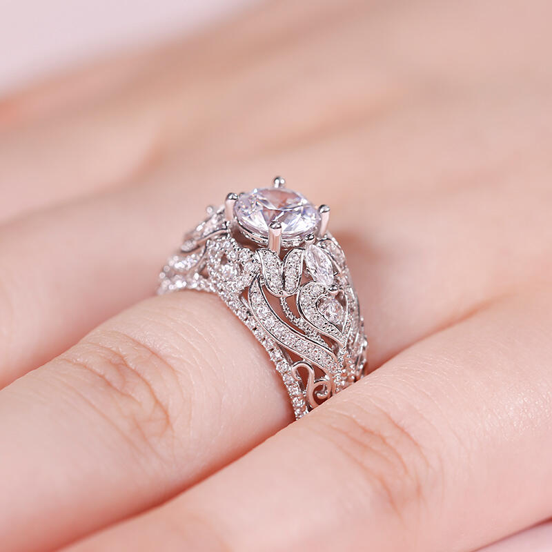 Jeulia Anel de prata esterlina corte redondo com design de renda vintage